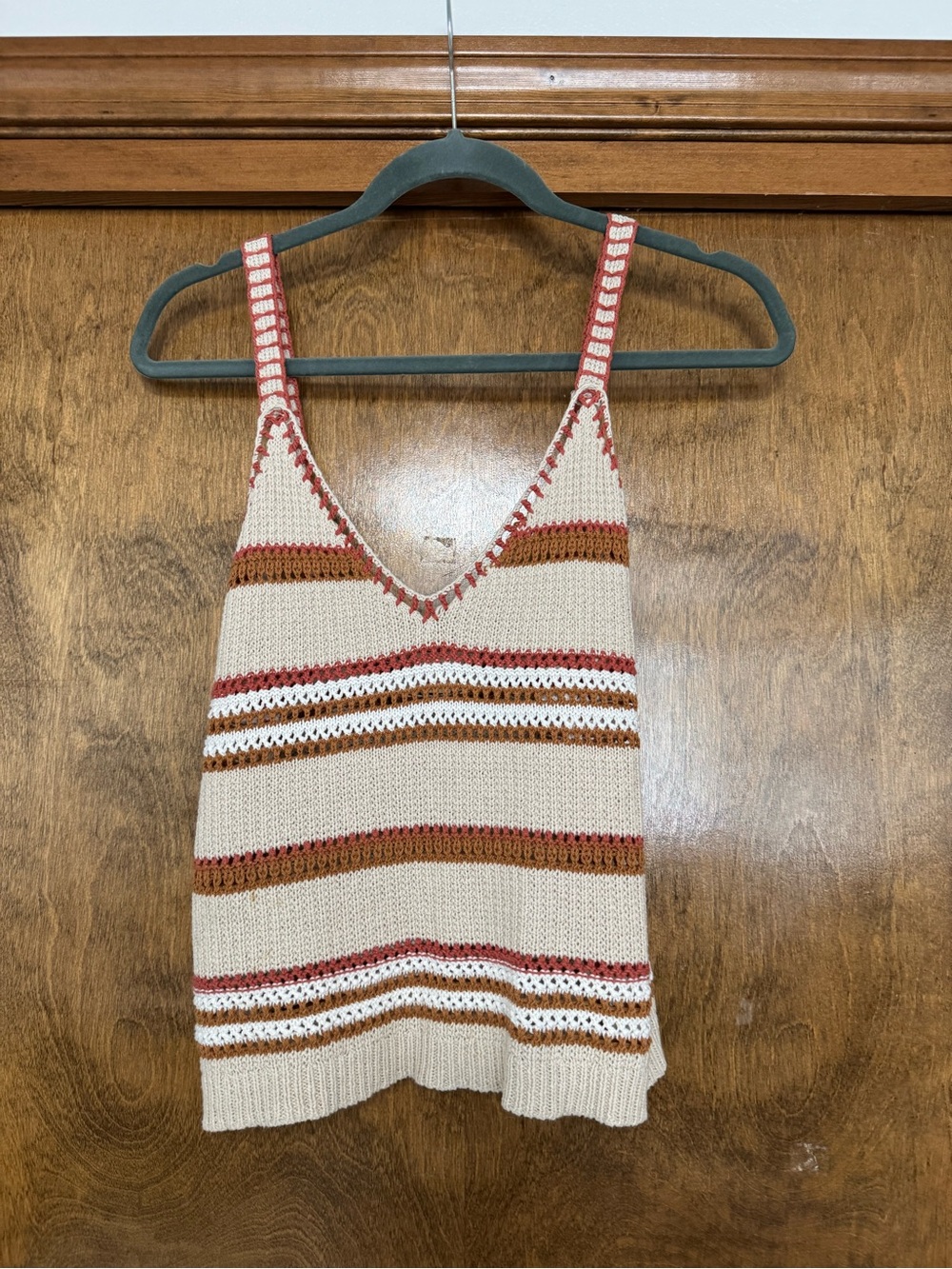 Hem & Thread Cream Knit Striped Camisole with Rust & Tan Accents
